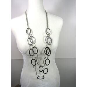 Paparazzi Silver Tone Oval Hammered 2 Tier Earring & Necklace Set 41" Boho Retro